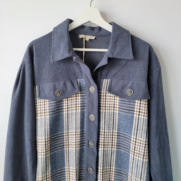 mystree women's shacket size S plaid corduroy button down blue - Picture 3 of 7